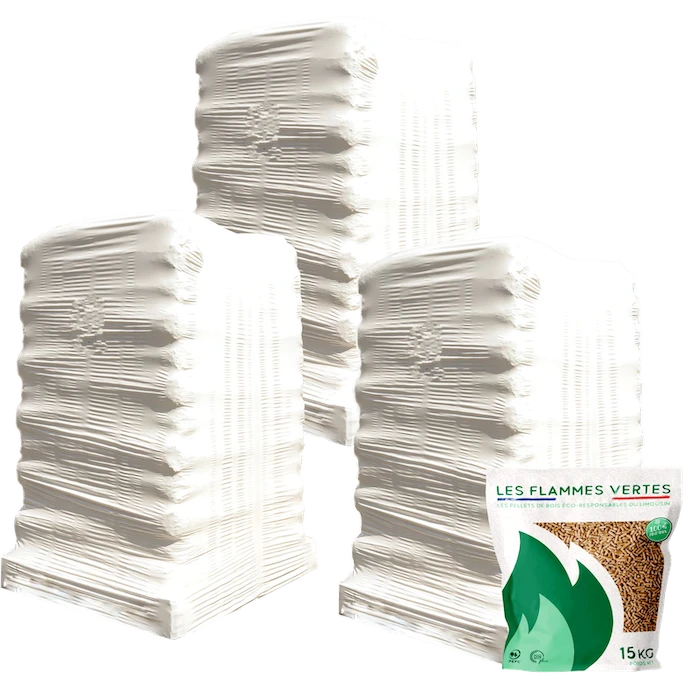 Pellet di legno Green Flame - 3 pallet - 195 sacchi 2925 kg